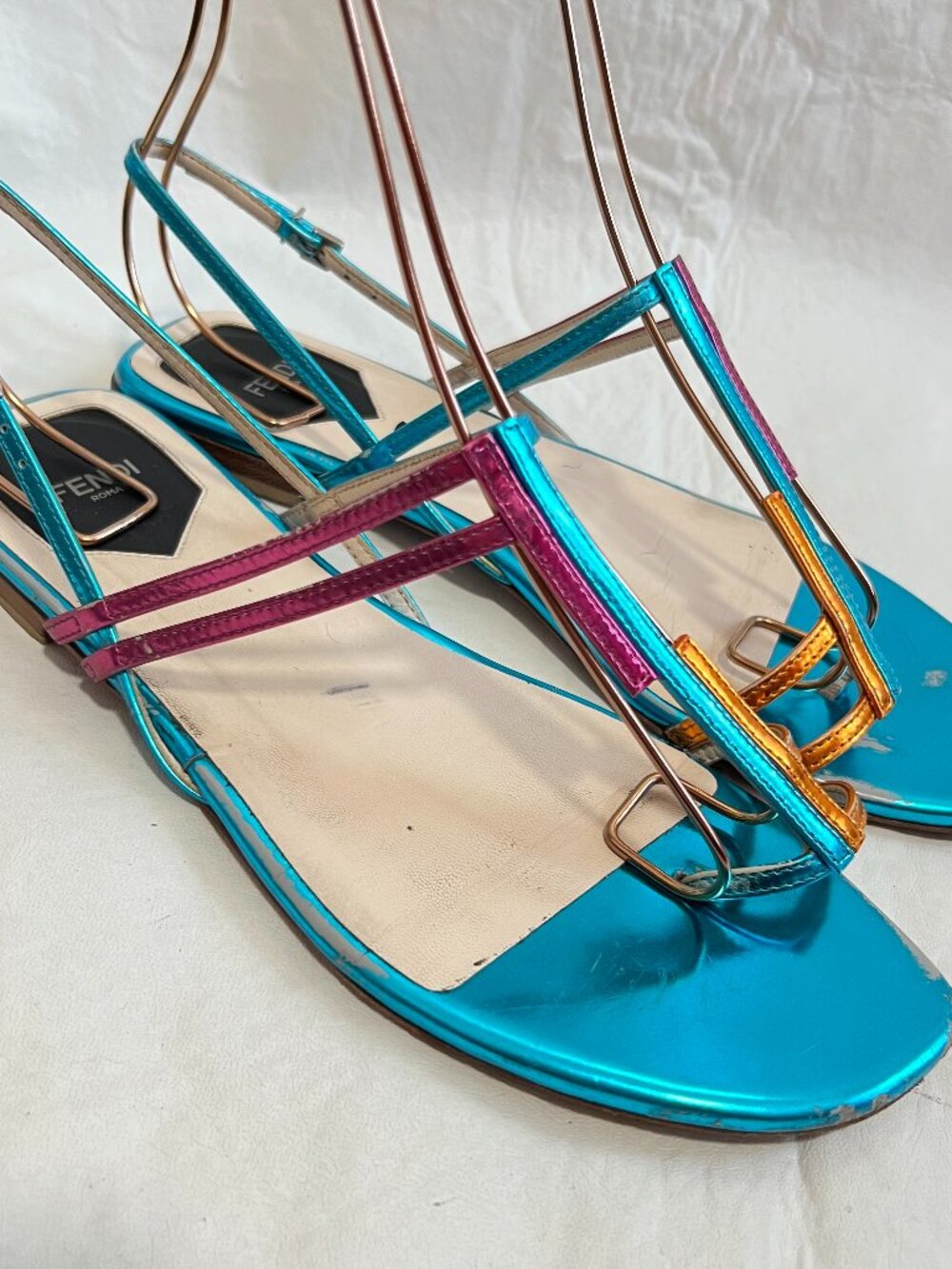 Fendi sandals metallic blue pink orange leather ankle strap toe loop 38 8 womens